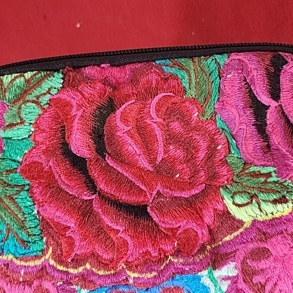Handmade Guatemalan Embroidered Bright Floral / Stripes Clutch Makeup Bag Rose - Picture 10 of 16